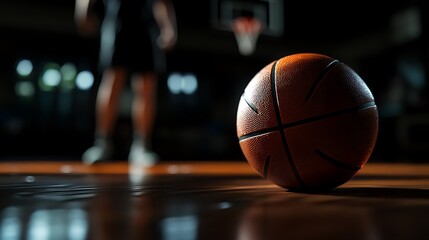 Naklejka premium Close-up of a basketball on a hardwood court with a blurred player in the background.