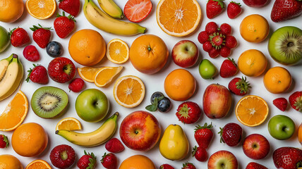 A colorful assortment of fresh fruits, including strawberries, oranges, bananas, and apples, laid out against a clean, white background.