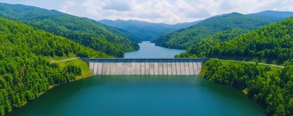 Fototapeta premium Beautiful aerial view of a dam surrounded by lush green mountains and serene waters.