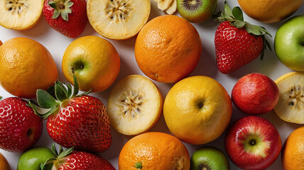 A colorful assortment of fresh fruits, including strawberries, oranges, bananas, and apples, laid out against a clean, white background.
