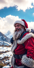 Fototapeta premium A smiling Santa Claus is hiking and walking in the snow-covered mountains in winter, with beautiful clouds in the blue sky. Christmas atmosphere.