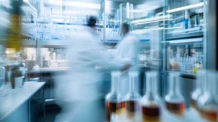 Obraz premium Blurred Motion of Scientists and Chemical Equipment in a Laboratory