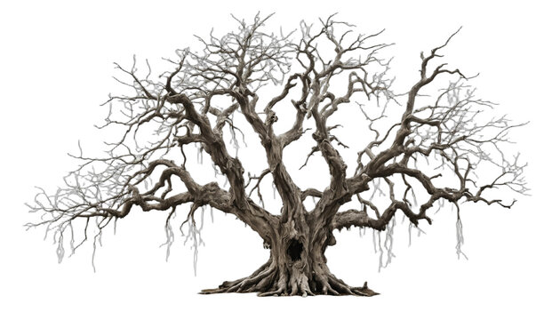 Old dead spooky tree isolated on white or transparent png.