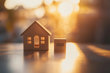 Wooden house model with text 2025 on a table, Real estate new year concept