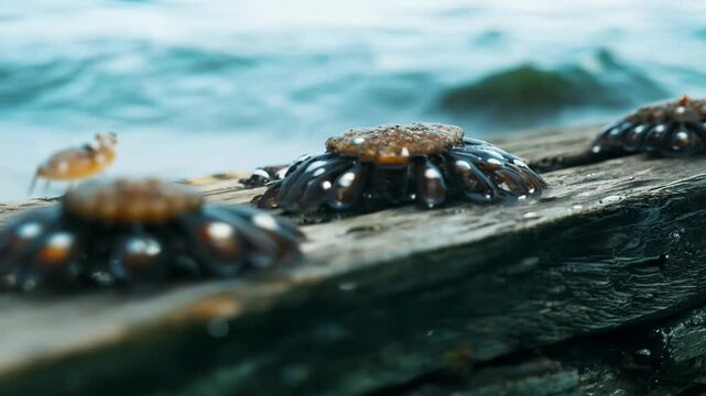 Discover the unique relationship between crabs and barnacles on a weathered pier at dawn
