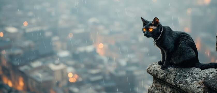 A mysterious black cat with glowing yellow eyes perched on a stone wall overlooking a gloomy cityscape at dusk captured in resolution
