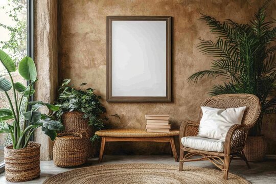 Warm composition of living room interior with mock up postrer frame, vase with rowan, wooden coffee table, beige carpet, brown pouf, braided plaid and, Generative AI