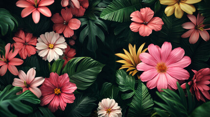 Colorful flowers with lush green leaves on a dark background, creating a vibrant natural composition.