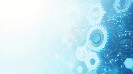 Futuristic gears with digital circuits, representing modern telecommunication tech, light blue backdrop. illustration