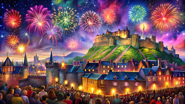 Colorful fireworks over Edinburgh Castle with festival crowd.