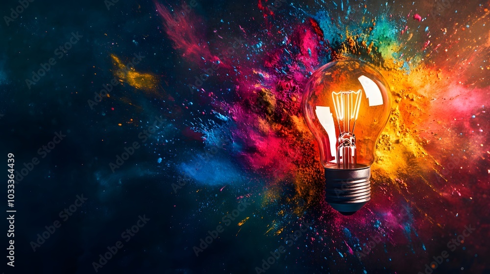 Wall mural light bulb exploding with colorful powder