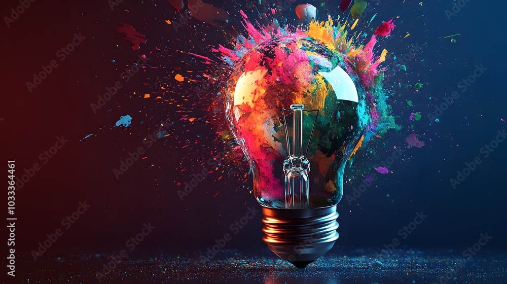 Poster a light bulb exploding with colorful paint splatter