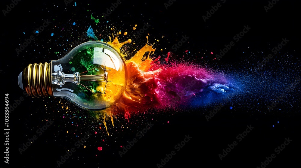 Poster a light bulb exploding with colorful paint splashes