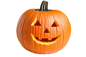 Classic jack-o-lantern with smiling carved face isolated on transparent background
