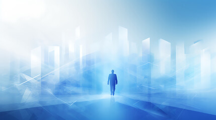 silhouette of man walking through futuristic blue cityscape, evoking sense of exploration and