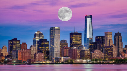 Fototapeta premium vivid cityscape under super moon showcases urban skyline illuminated by moonlight. vibrant colors of sky create stunning backdrop for towering buildings