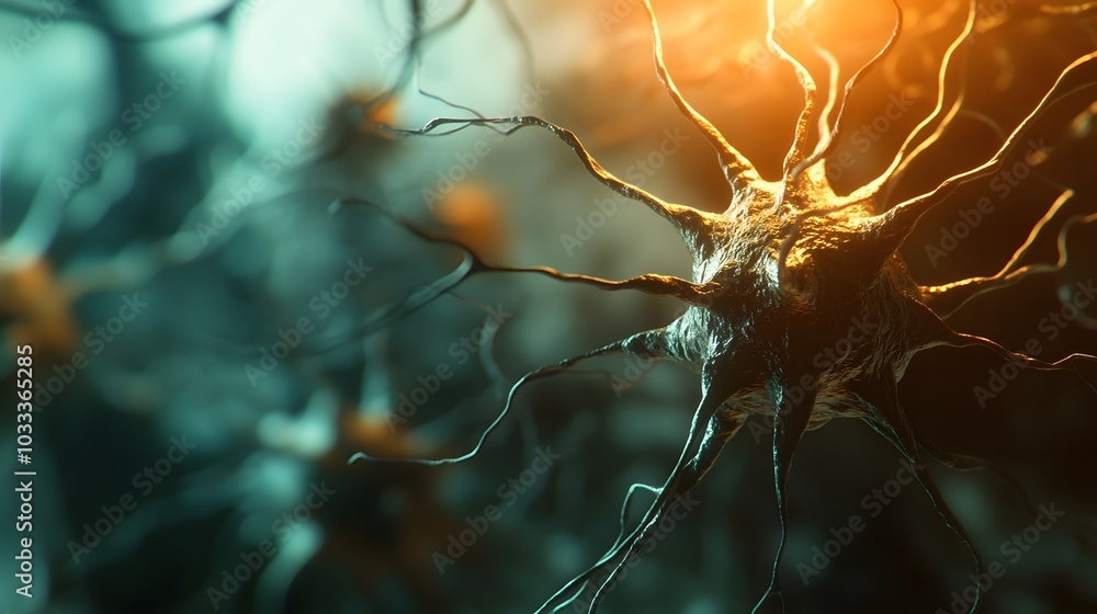 Poster close-up of a neuron with intricate axons and dendrites