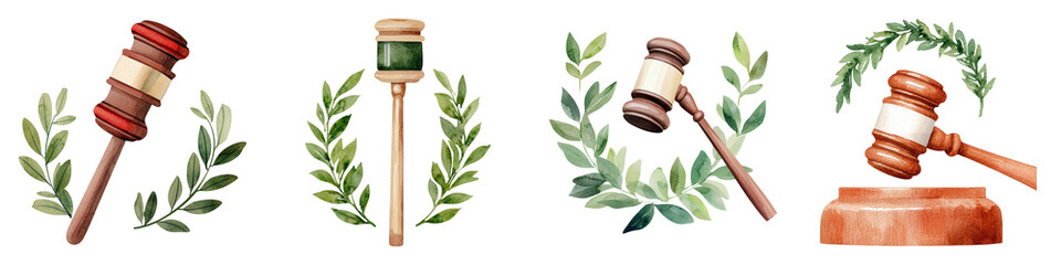 A collection of gavel illustrations framed by laurel wreaths, symbolizing justice and authority.
