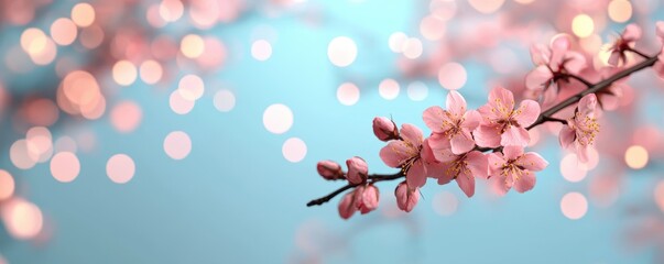 Fototapeta premium Delicate pink cherry blossoms against a soft blue background with bokeh lights.