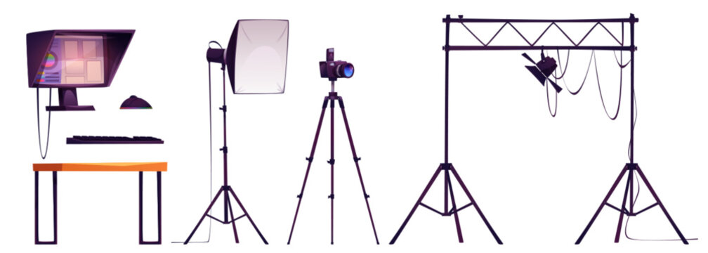 Photo studio equipment set isolated on white background. Vector cartoon illustration of professional camera, softbox and spotlight for illumination, computer for blog or advertising content making