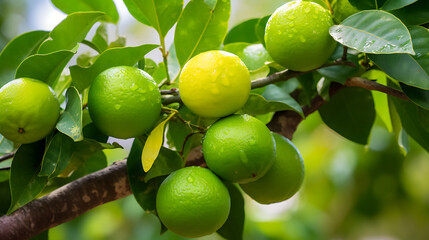 Fresh green limes and yellow lemons hanging on tree branch, glistening with dew