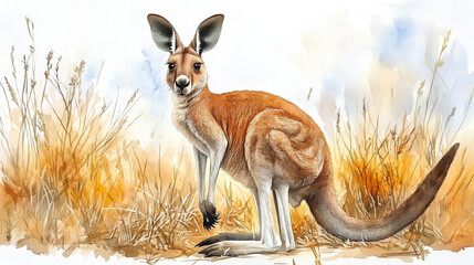 Realistic Kangaroo Watercolor Painting Isolated on White Background