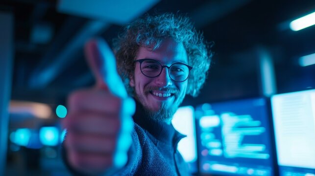 Enthusiastic App Developer in Modern Tech Office Giving Thumbs Up with App Designs on Screens - Ultra-Detailed Shot for Tech and Workspace Concepts