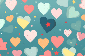 Colorful hearts and stars create playful and cheerful pattern on teal background