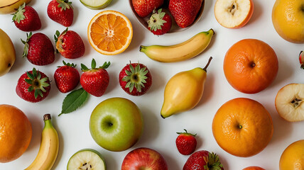 A colorful assortment of fresh fruits, including strawberries, oranges, bananas, and apples, laid out against a clean, white background.