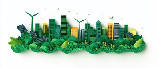 Obraz premium Sustainable cityscape illustration featuring wind turbines and solar panels amidst lush greenery