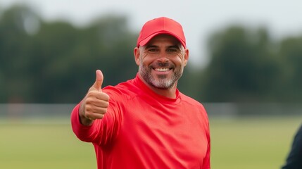 Motivated Sports Coach Thumbs Up at Practice Field with Active Players and Sports Equipment in Ultra-Detailed Scene