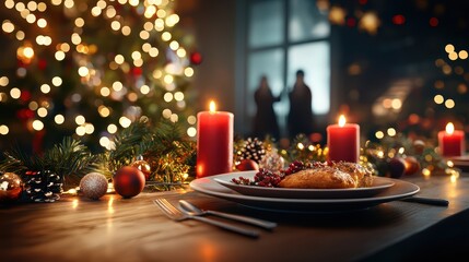 A cozy Christmas dinner setting with candles, festive decorations, and a beautifully arranged plate, creating a warm holiday atmosphere.