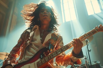 Obraz premium energetic image of someone playing an instrument, such as a guitar or drums,
