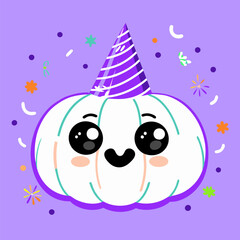 Fototapeta premium Cute vector illustration of a kawaii pumpkin wearing a party hat