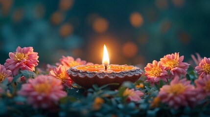 Delightful Diwali greeting background with traditional Indian decorative Diya lamp, beautiful flowers and blur candlelight