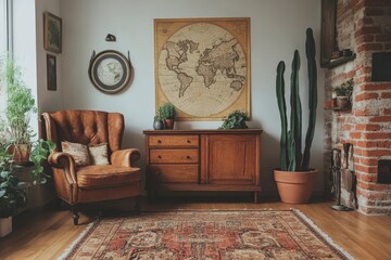 Stylish and vintage interior design of open space with wooden retro cabinet, design chair, sofa, map, paddle, ship, cacti, plants and elegant personal, Generative AI