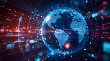 Fototapeta premium Digital Earth Globe Surrounded by Data Streams and Lights
