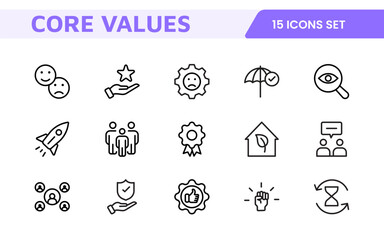 Core Values outline icons set. Core, values, business, leadership, goals, target, client, quality, success, responsibility and quality.