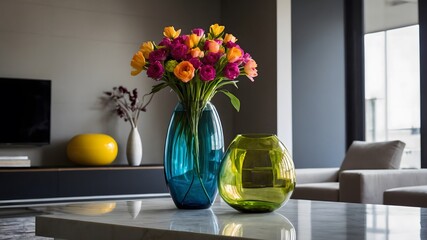 flower arrangement on modern glass vase