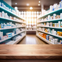 pharmacist in pharmacy.A wooden pharmacy table counter in the foreground, with a variety of healthcare products and medicine boxes neatly arranged on blurred, defocused shelves in the background. The 