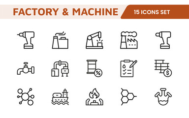 Factory and Machine Icons Collection. A Versatile Set for Industrial Design, Production Workflows, Machinery, Factory Management, and Engineering Solutions.