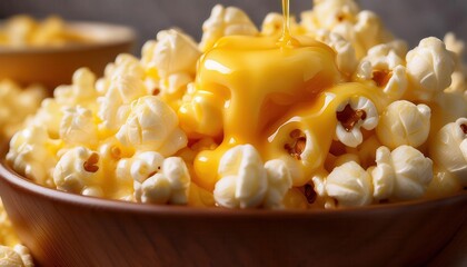 Close-up of Golden Cheese Caramel Dripping on Freshly Popped Popcorn. Sweet and Savory Snack Topped with Rich Caramel Syrup for Movie Nights, Gourmet Treats, or Party Concessions