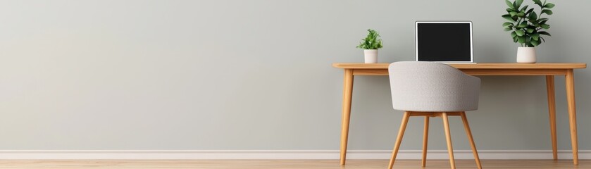 Modern workspace with a wooden desk, computer, and indoor plants against a soft-colored wall.