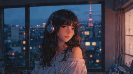 A girl wearing headphones