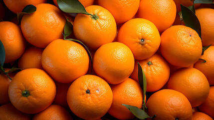 Fresh oranges with vibrant color and green leaves create lively display
