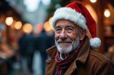 Portrait of a happy elderly man in a red Santa Claus hat on the street of an evening city decorated for Christmas. Happy man 70 years old at Christmas