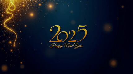 Christmas greeting card with golden numbers '2025' surrounded by New Year's decorations against a dark blue background.