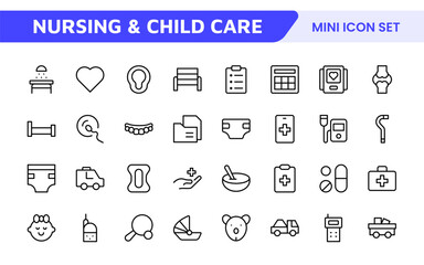 Nursing Home & Child Care Icon Set. Compassionate icons for elder care, child safety, and support services, perfect for healthcare apps, brochures, and care center branding.