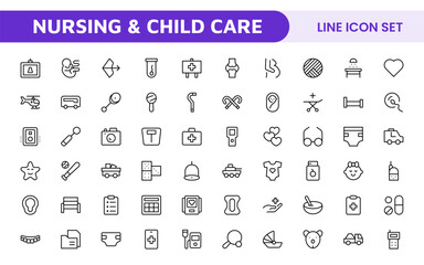 Nursing Home & Child Care Icon Set. Compassionate icons for elder care, child safety, and support services, perfect for healthcare apps, brochures, and care center branding.