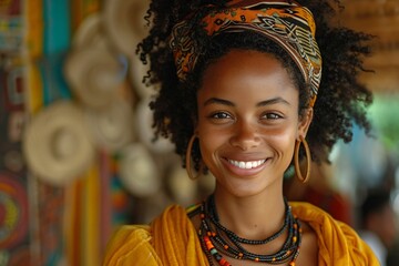 A smiling portrait of a Black woman celebrating racial diversity and community. This image embodies joy, strength, and the beauty of representation in various cultures.